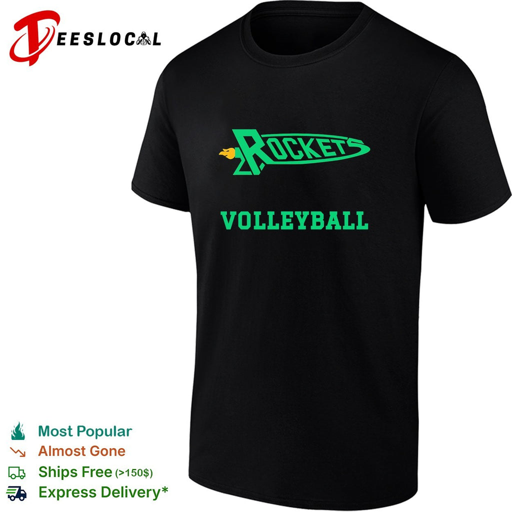 Rockets volleyball team logo with flame trailing comet shape mascot badge shirt
