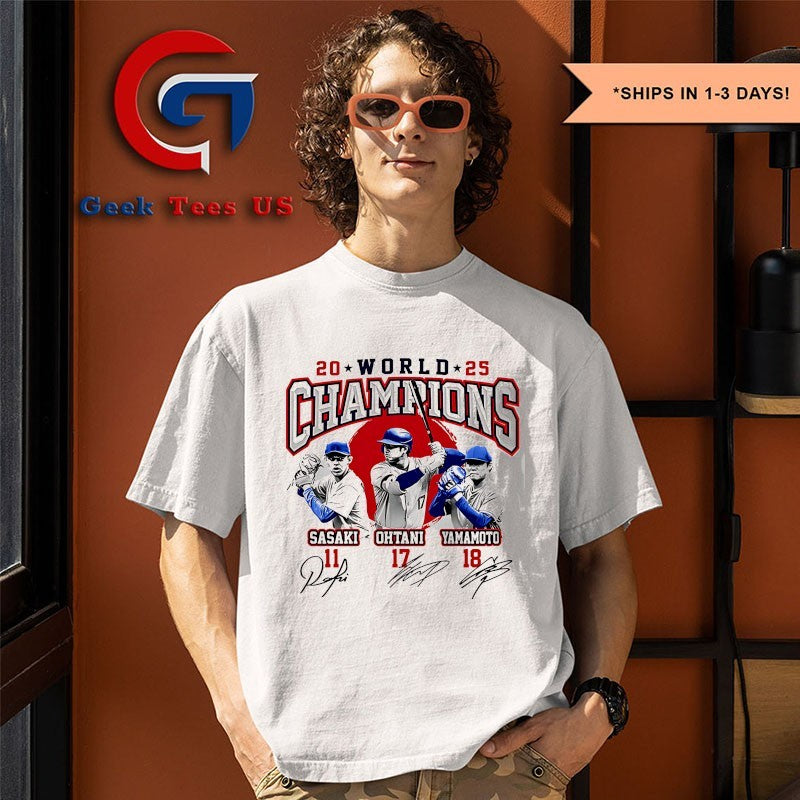 Rōki Sasaki Shohei Ohtani and Yoshinobu Yamamoto Dodgers World Champions 2025 signature shirt