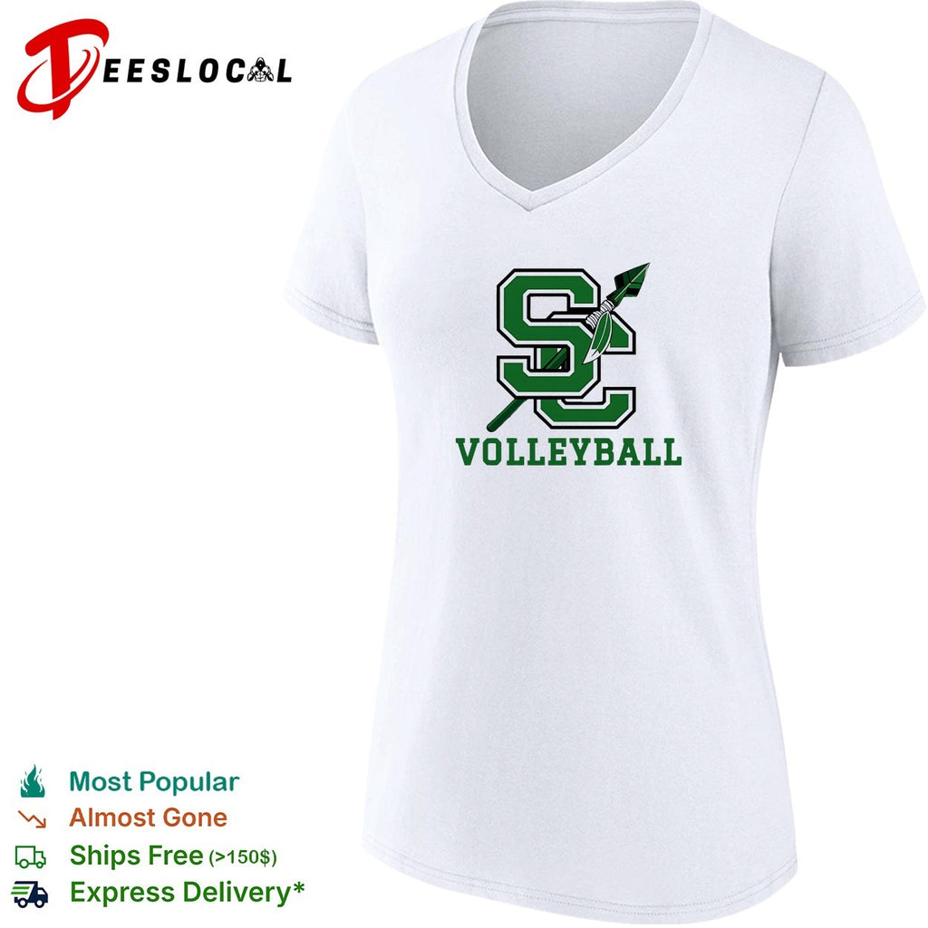 SC volleyball team logo with spear and feather crossing through letters shirt