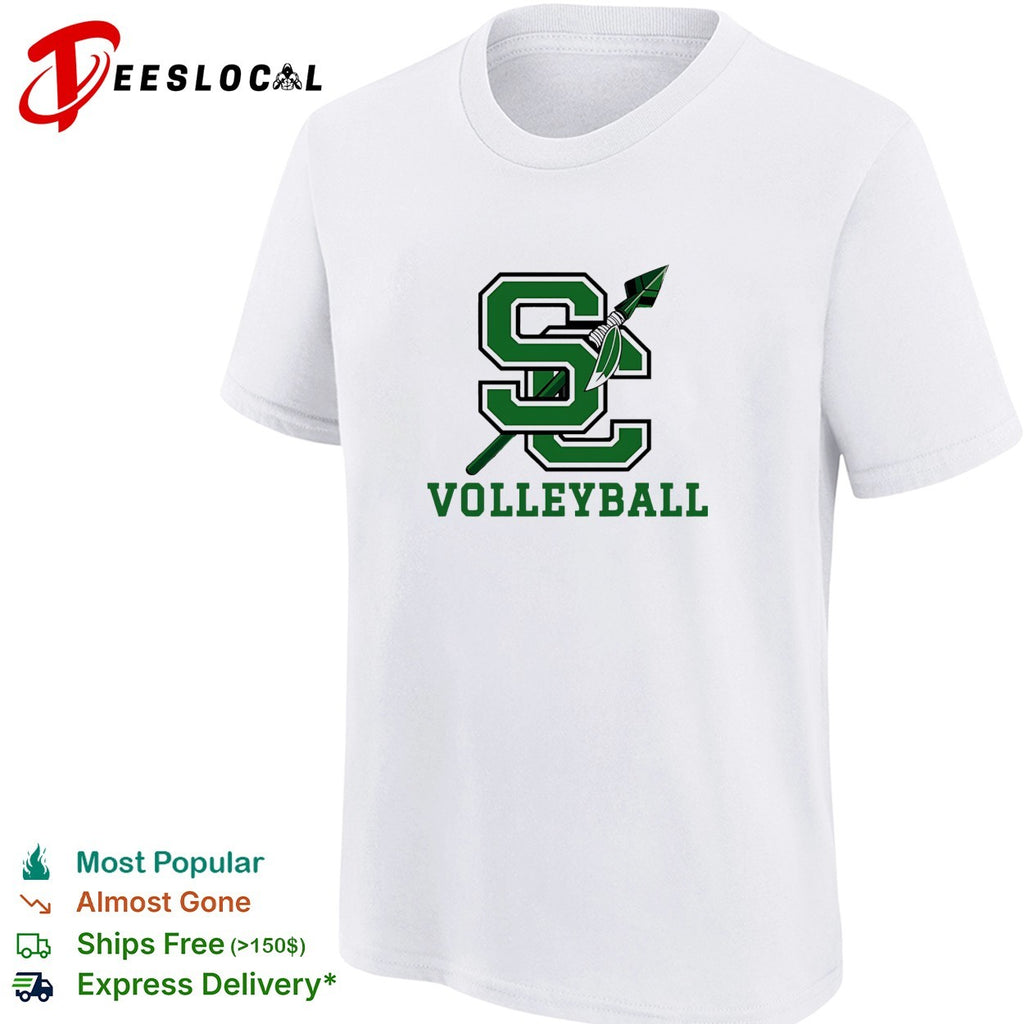 SC volleyball team logo with spear and feather crossing through letters shirt