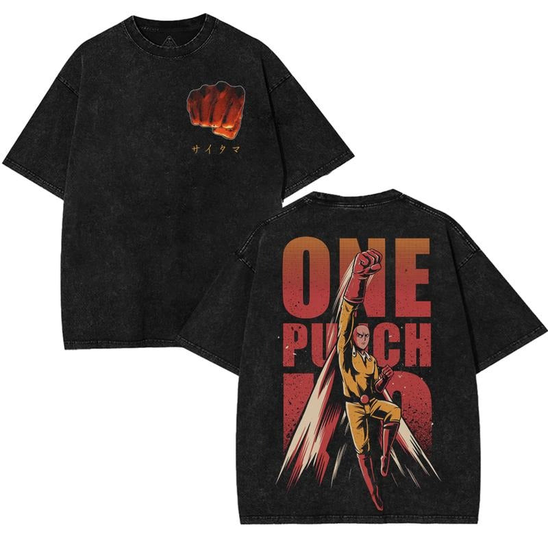 Saitama One Punch Man Oversized Cotton T-Shirt Cool Anime Graphic Streetwear Japanese Manga Fashion Outfit Vintage Wash Unisex Tee Trending TikTok Anime Style 2025 Premium 100% Cotton Seamless Rib Collar casual menswear
