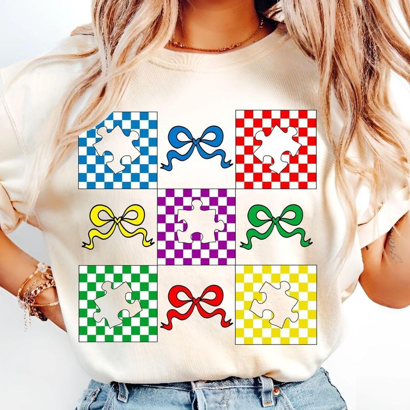 [Sale To 45% Off] Retro Checkered Autism Coquette T-Shirt, Autism Awareness Bow, In April We Wear Blue, Special Education...