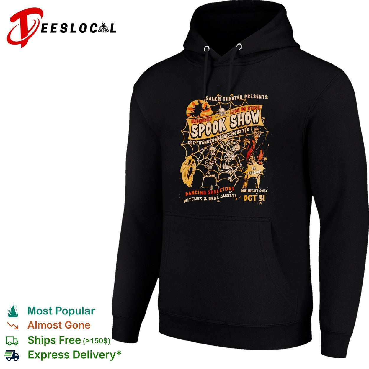 Salem Theater presents midnight spook show Frankenstein’s monster dancing skeletons shirt