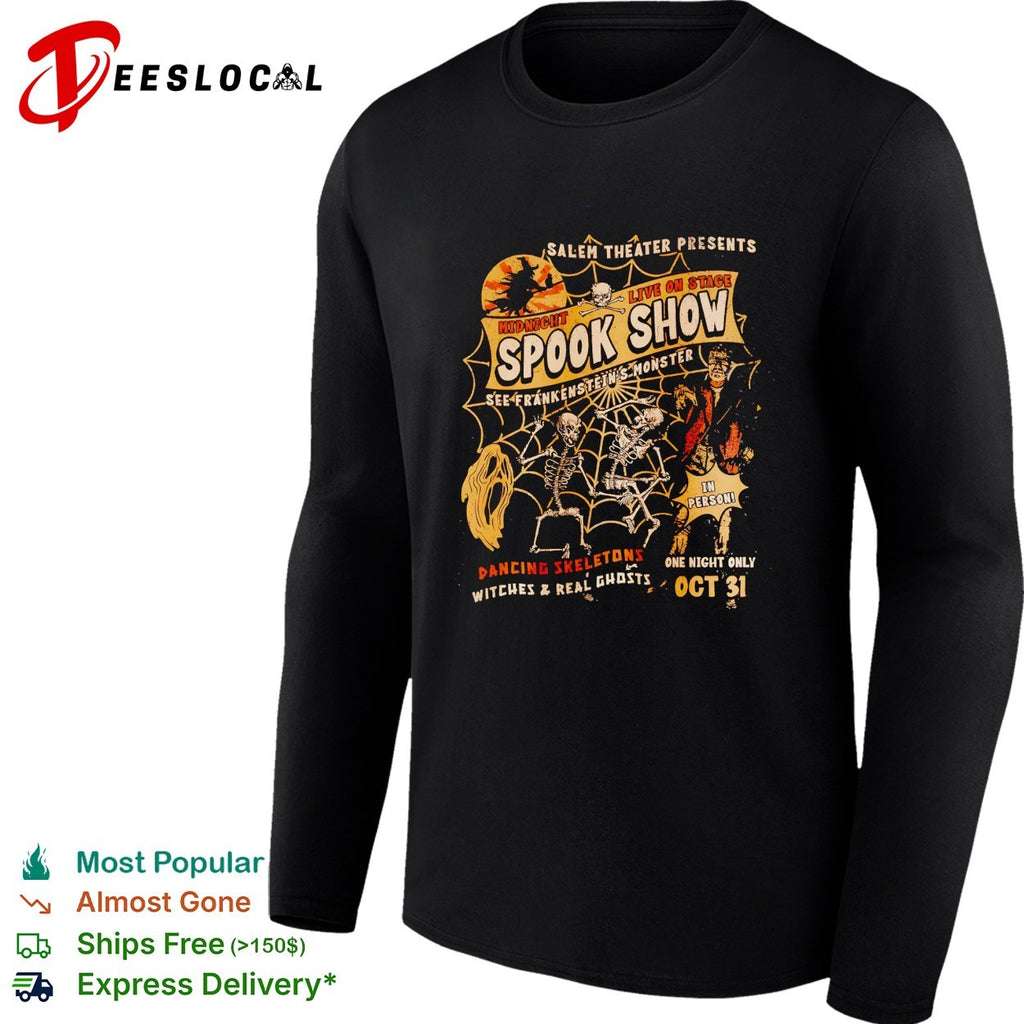 Salem Theater presents midnight spook show Frankenstein’s monster dancing skeletons shirt