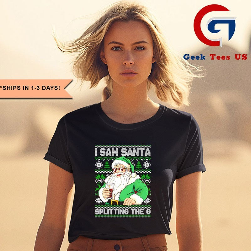 Santa Claus I saw Santa splitting the Guinness ugly Christmas shirt