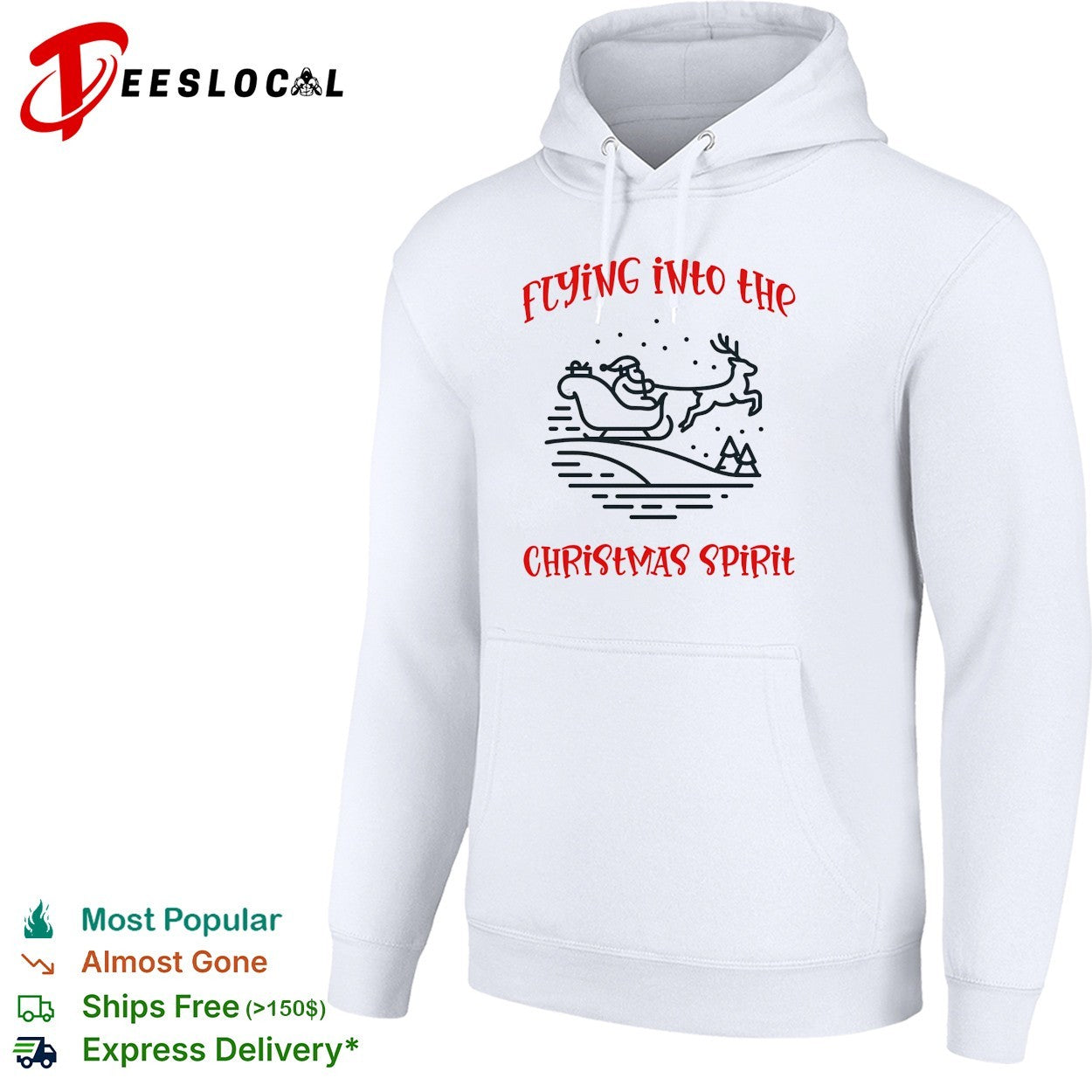 Santa Claus flying sleigh pulled by reindeer through falling snow christmas spirit shirt