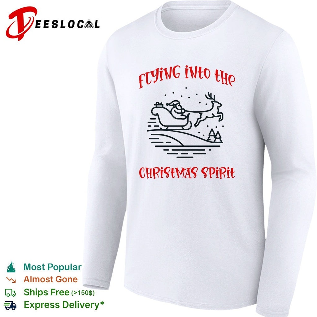 Santa Claus flying sleigh pulled by reindeer through falling snow christmas spirit shirt