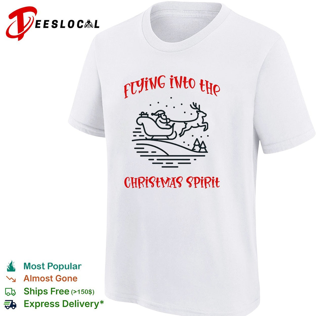 Santa Claus flying sleigh pulled by reindeer through falling snow christmas spirit shirt
