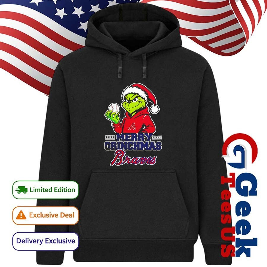Santa Grinch wears Atlanta Braves baseball Merry Christmas 2025 shirt
