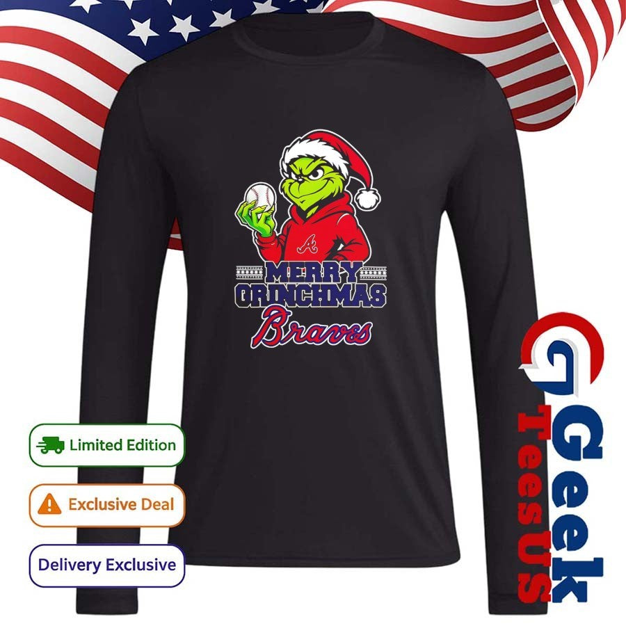 Santa Grinch wears Atlanta Braves baseball Merry Christmas 2025 shirt