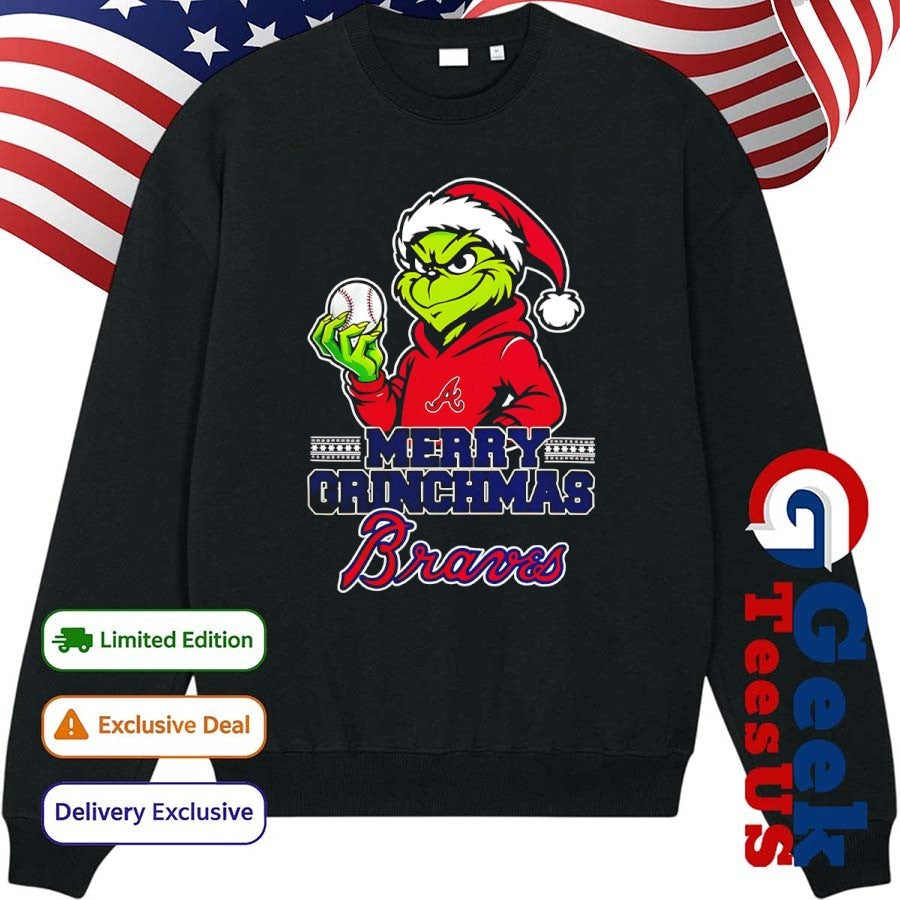 Santa Grinch wears Atlanta Braves baseball Merry Christmas 2025 shirt