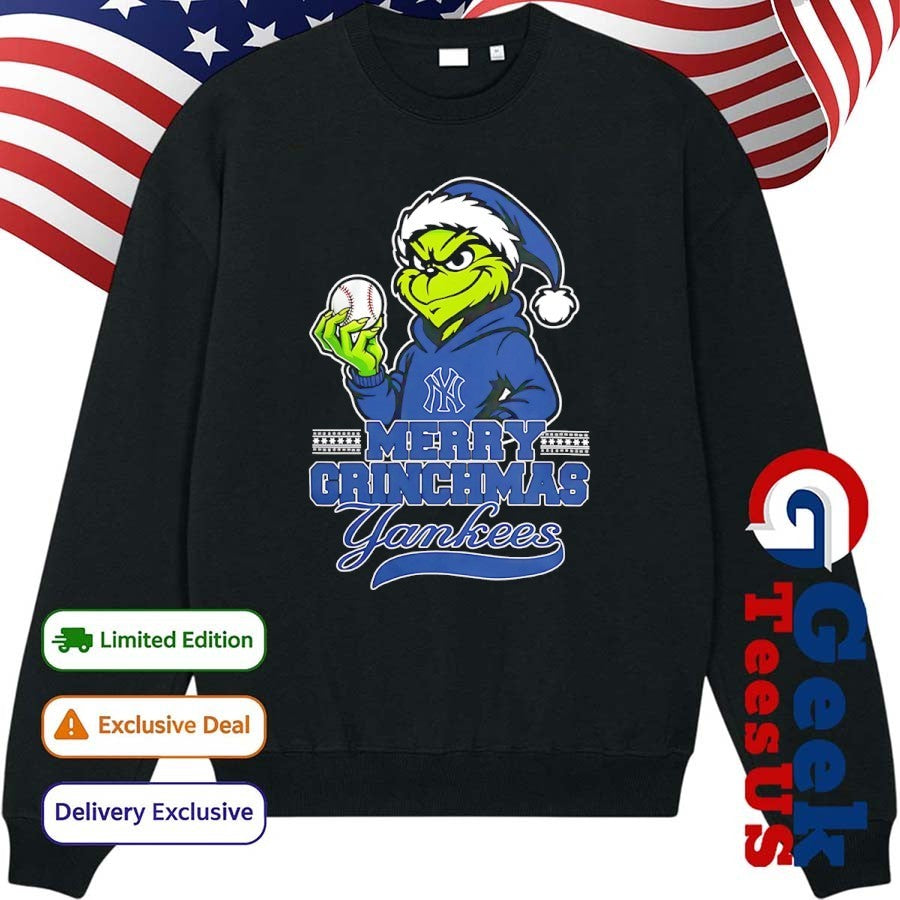 Santa Grinch wears New York Yankees baseball Merry Christmas 2025 shirt