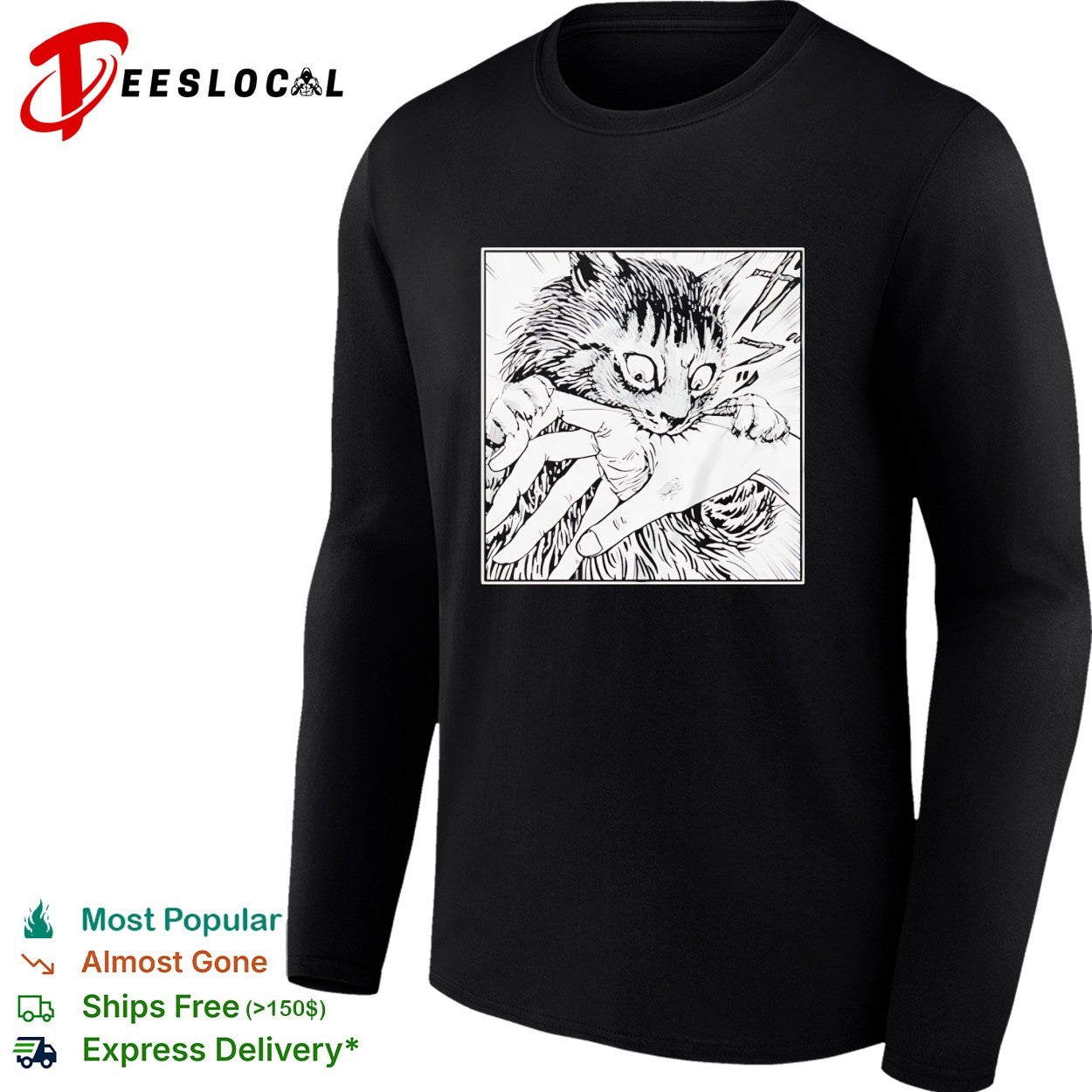 Scared cat grabbing hand manga panel shirt