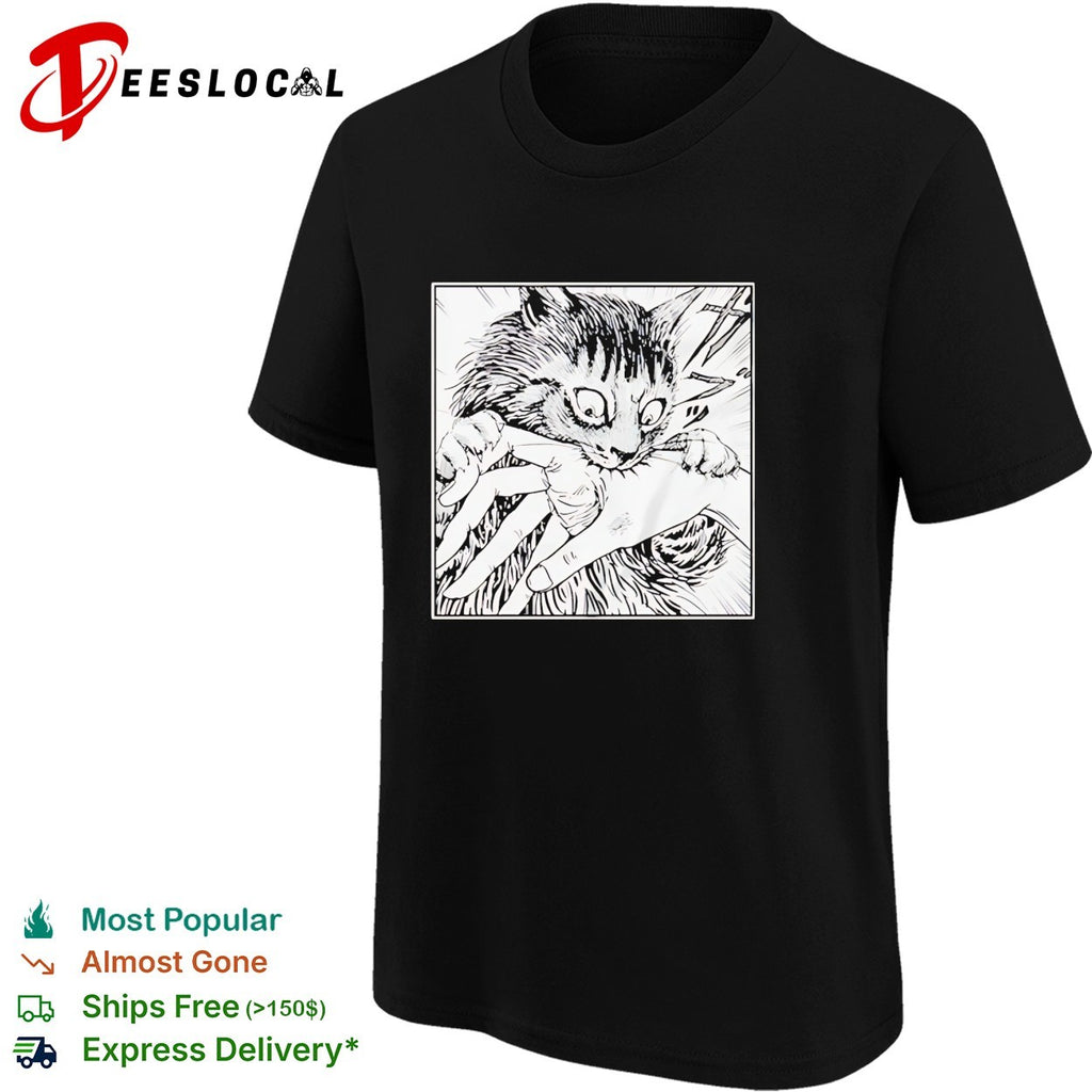 Scared cat grabbing hand manga panel shirt