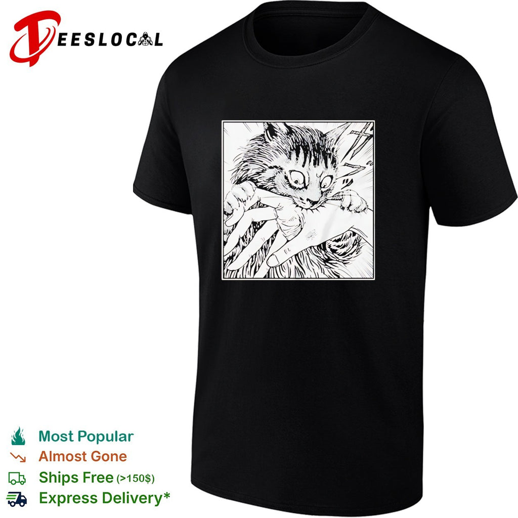 Scared cat grabbing hand manga panel shirt