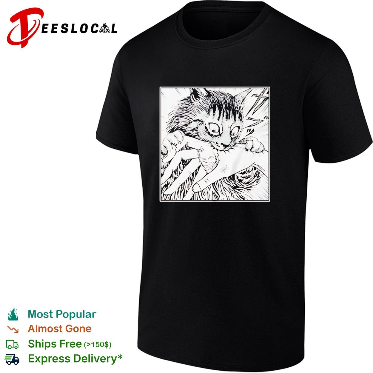 Scared cat grabbing hand manga panel shirt