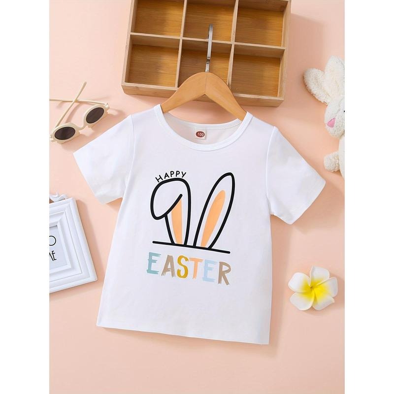 Seasonal Celebration| Happy Easter" Bunny Ear Graphic T-Shirt for Kids - Soft Cotton, Crew Neck, Short Sleeve, Colorful Design, Machine Washable - Ideal for Boys and Girls Summer Wear, Casual Children's Tee|Round Neckline Top|Comfortable Knit