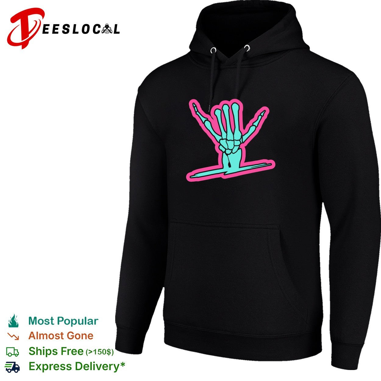 Skeleton hand throwing shaka hang loose sign over surfboard wave graphic shirt