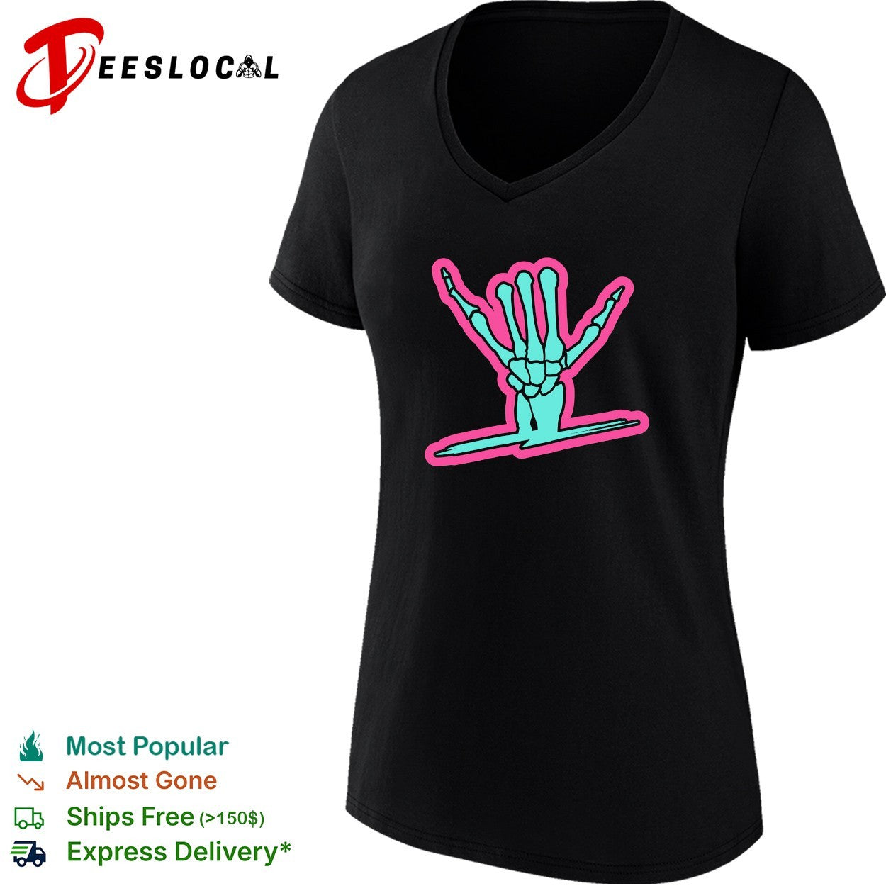 Skeleton hand throwing shaka hang loose sign over surfboard wave graphic shirt