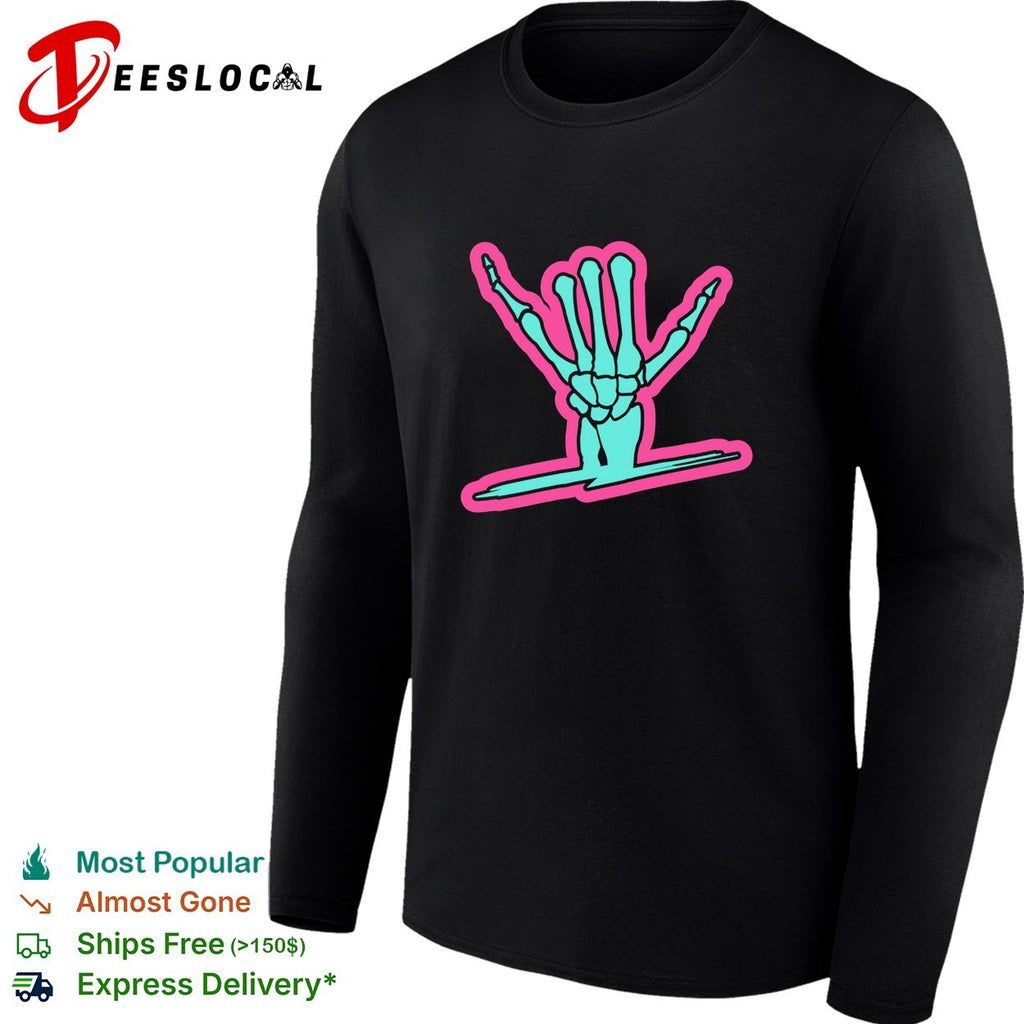 Skeleton hand throwing shaka hang loose sign over surfboard wave graphic shirt