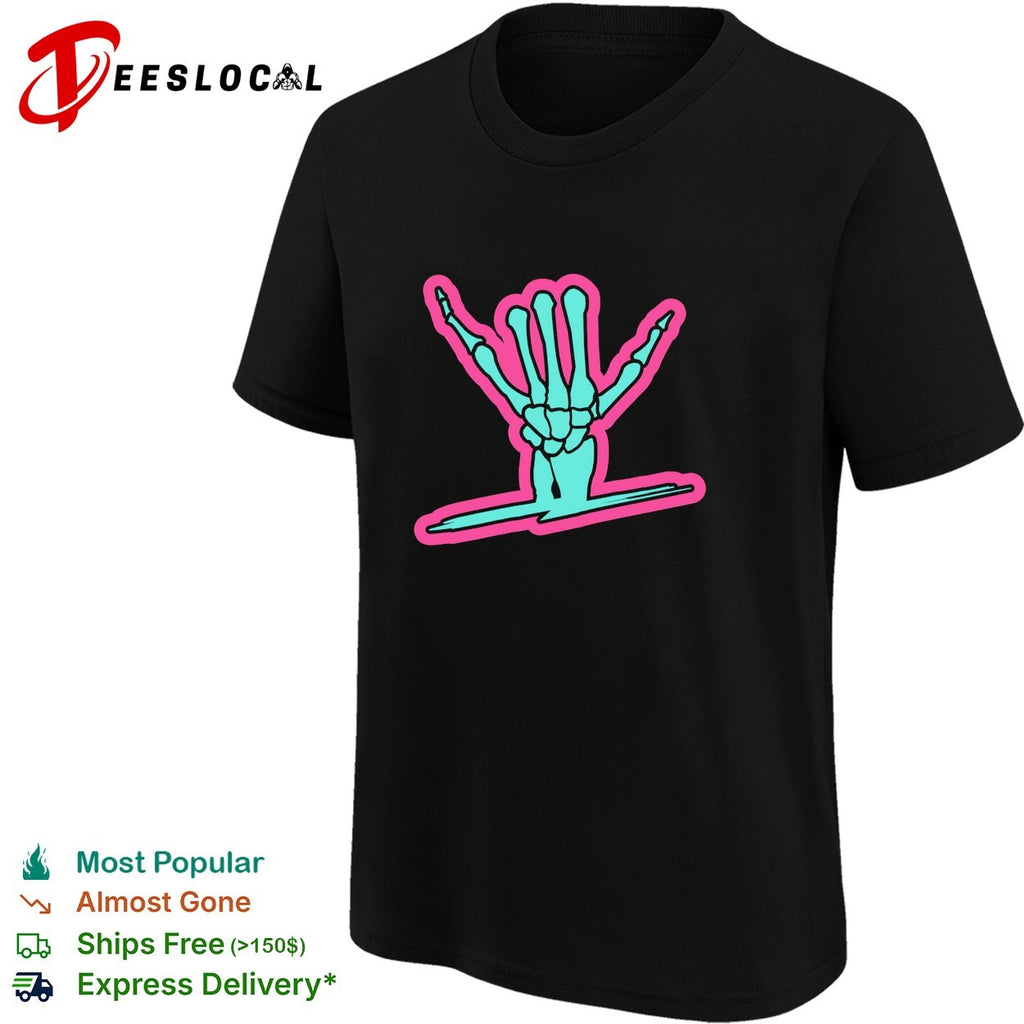 Skeleton hand throwing shaka hang loose sign over surfboard wave graphic shirt