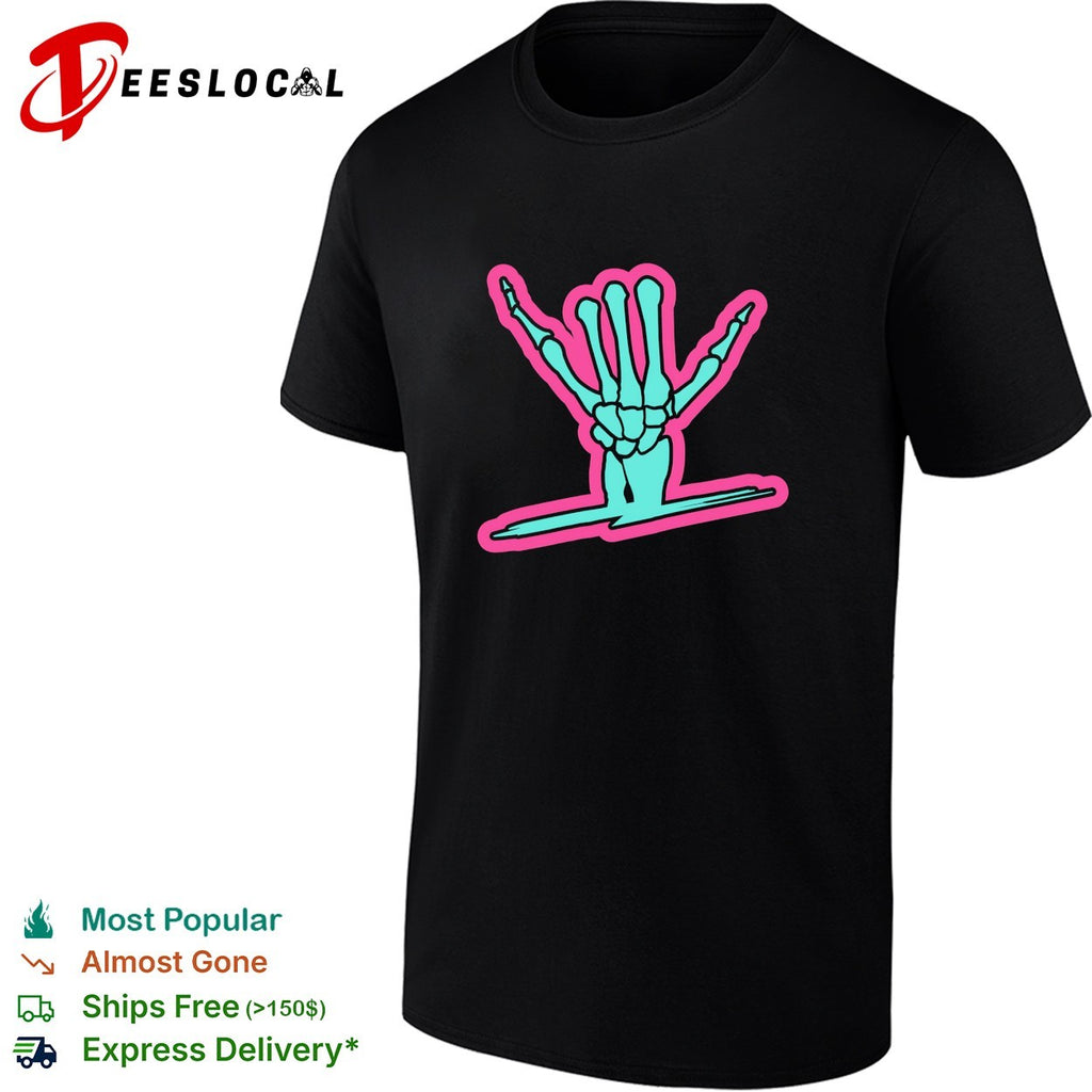 Skeleton hand throwing shaka hang loose sign over surfboard wave graphic shirt