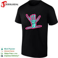 Skeleton hand throwing shaka hang loose sign over surfboard wave graphic shirt
