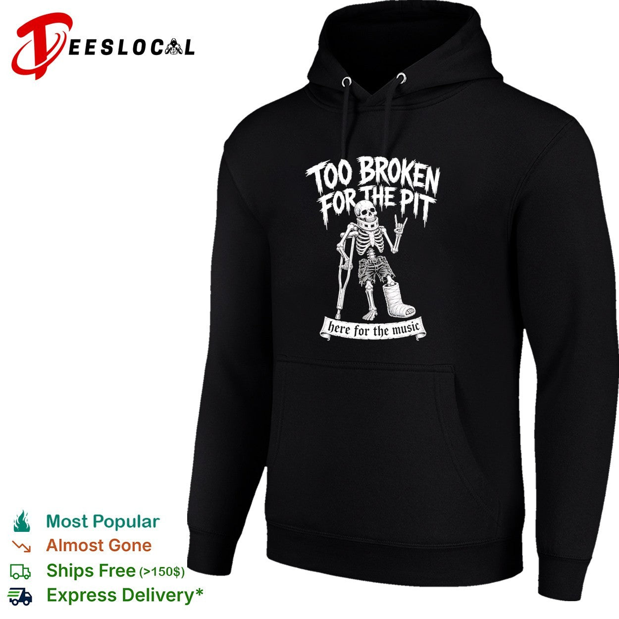 Skeleton on crutches too broken for the pit punk rock hardcore concert funny shirt