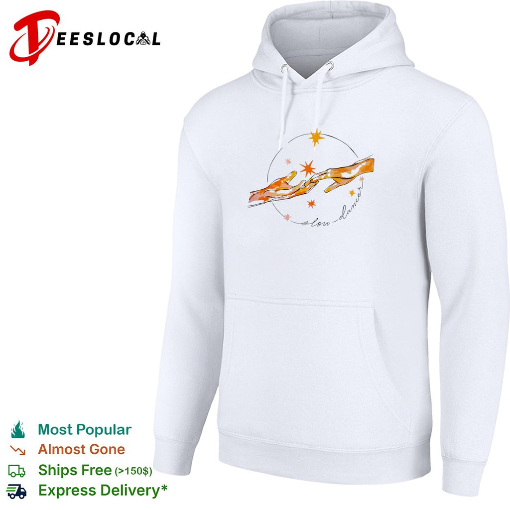 Slow dancer touching hands with celestial stars and cosmic shirt