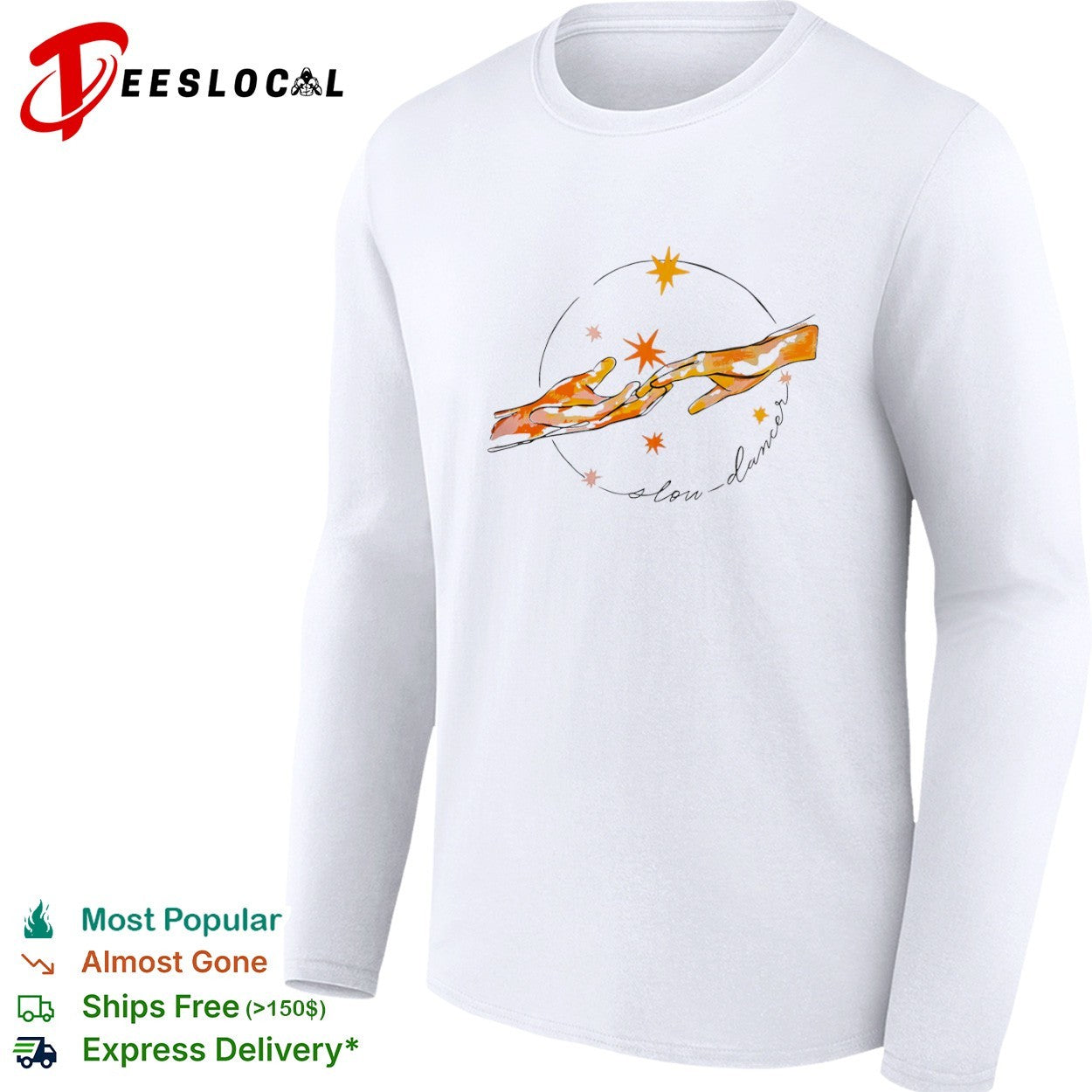 Slow dancer touching hands with celestial stars and cosmic shirt