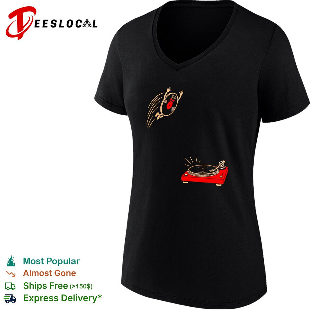 Smiling vinyl record character flying happily toward spinning turntable player shirt