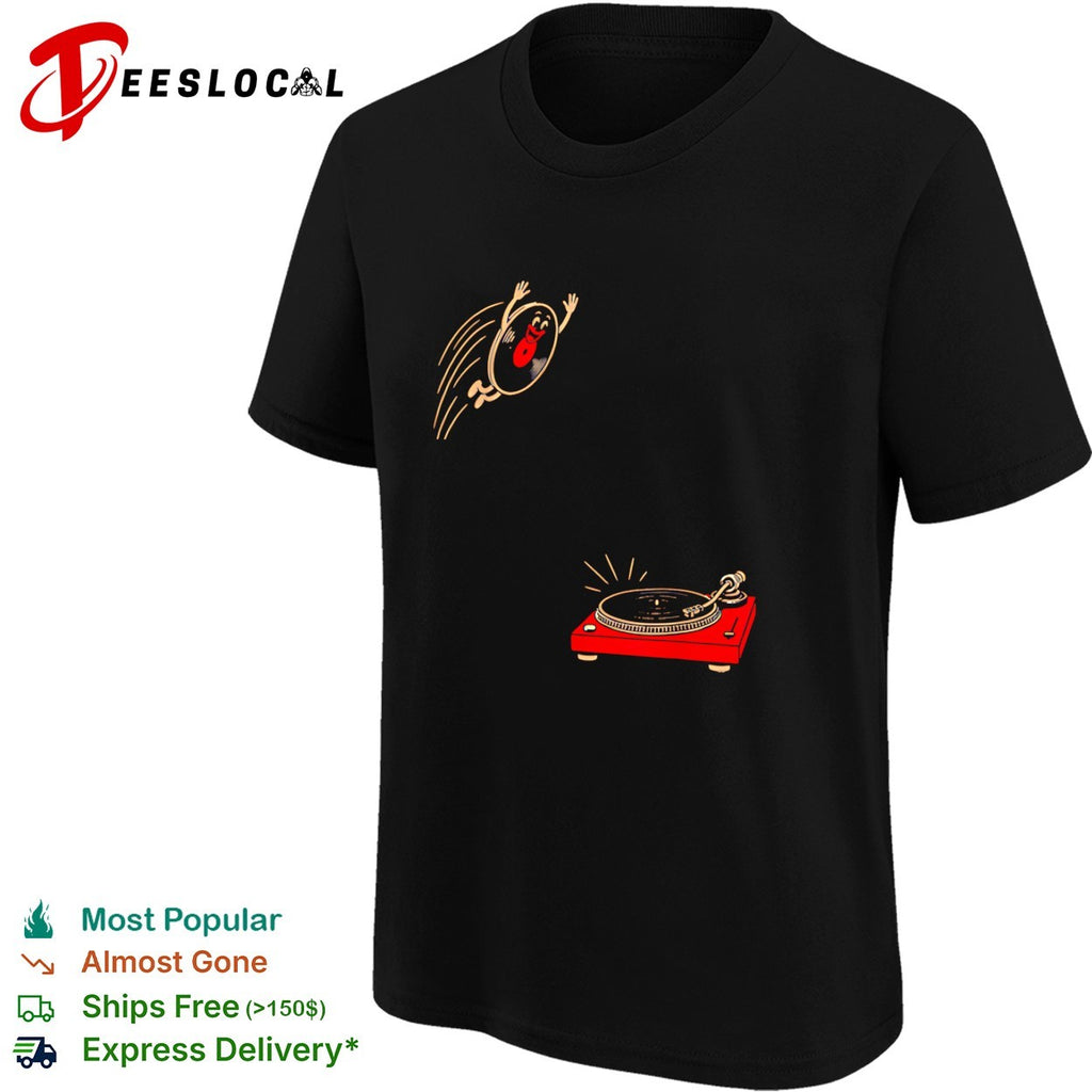 Smiling vinyl record character flying happily toward spinning turntable player shirt