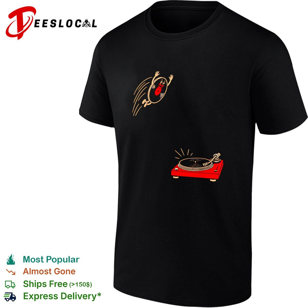 Smiling vinyl record character flying happily toward spinning turntable player shirt