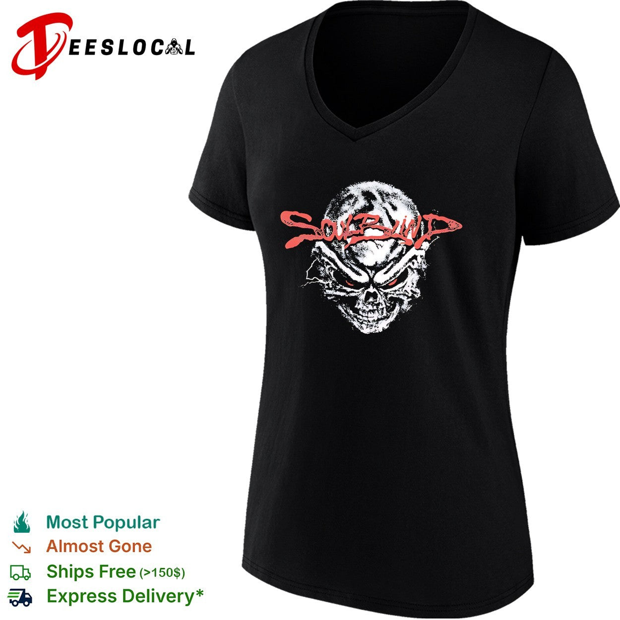 Soul Blind two glowing red eyes staring from a distressed skull face logo shirt