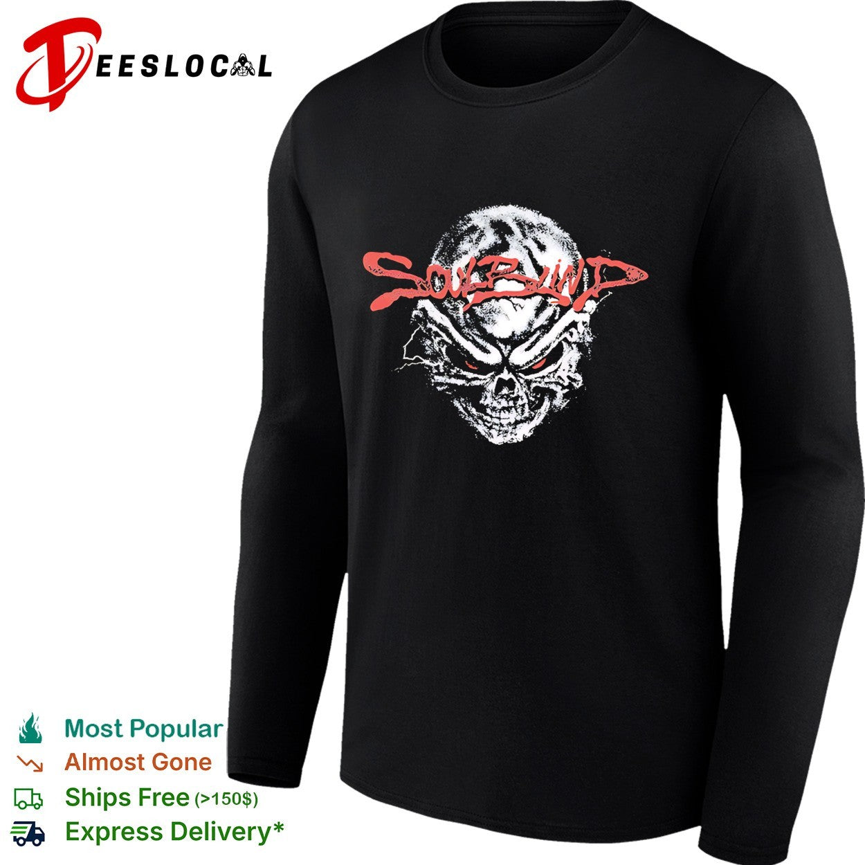 Soul Blind two glowing red eyes staring from a distressed skull face logo shirt