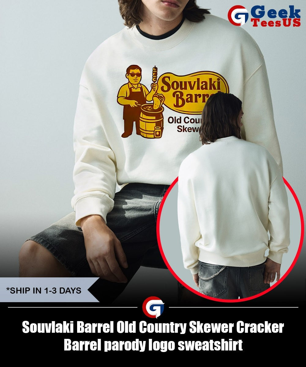 Souvlaki Barrel Old Country Skewer Cracker Barrel parody logo shirt