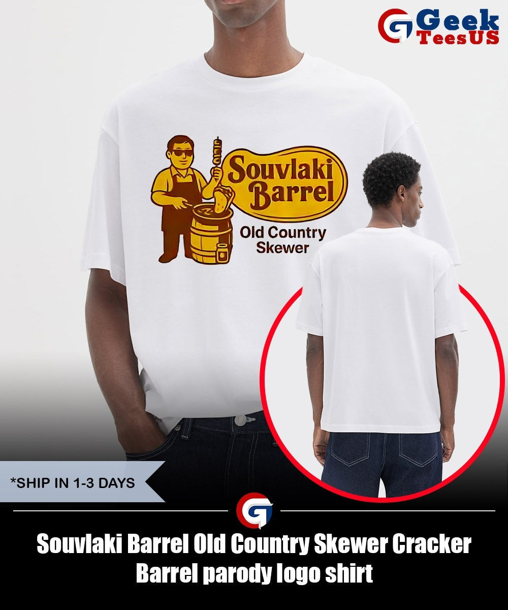 Souvlaki Barrel Old Country Skewer Cracker Barrel parody logo shirt