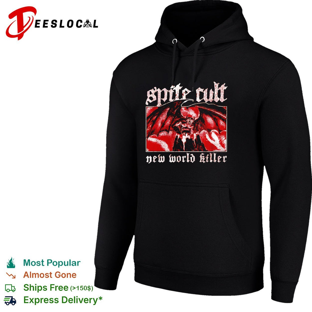 Spite Cult horned demon spreading wings on mountain new world killer band shirt