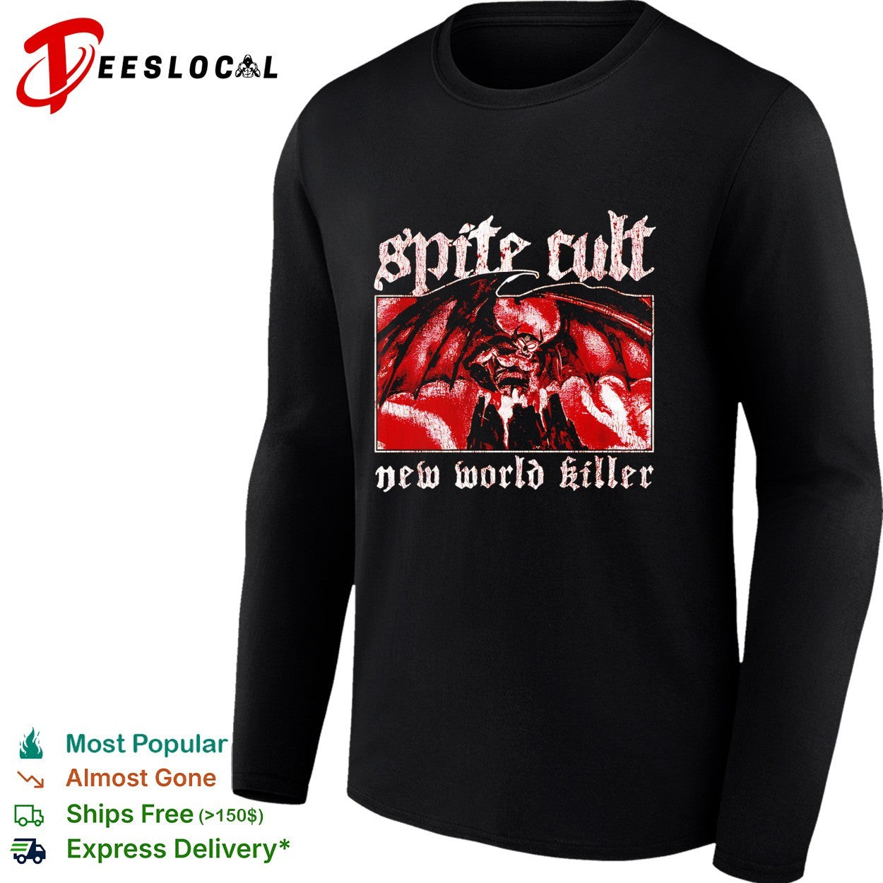 Spite Cult horned demon spreading wings on mountain new world killer band shirt
