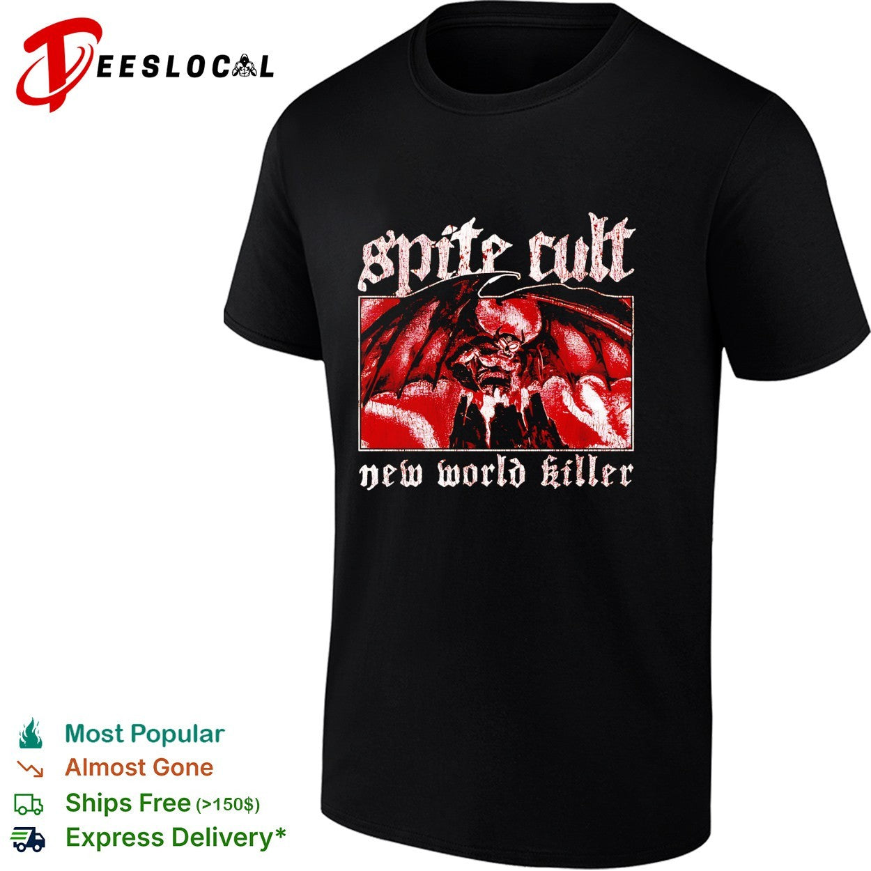 Spite Cult horned demon spreading wings on mountain new world killer band shirt