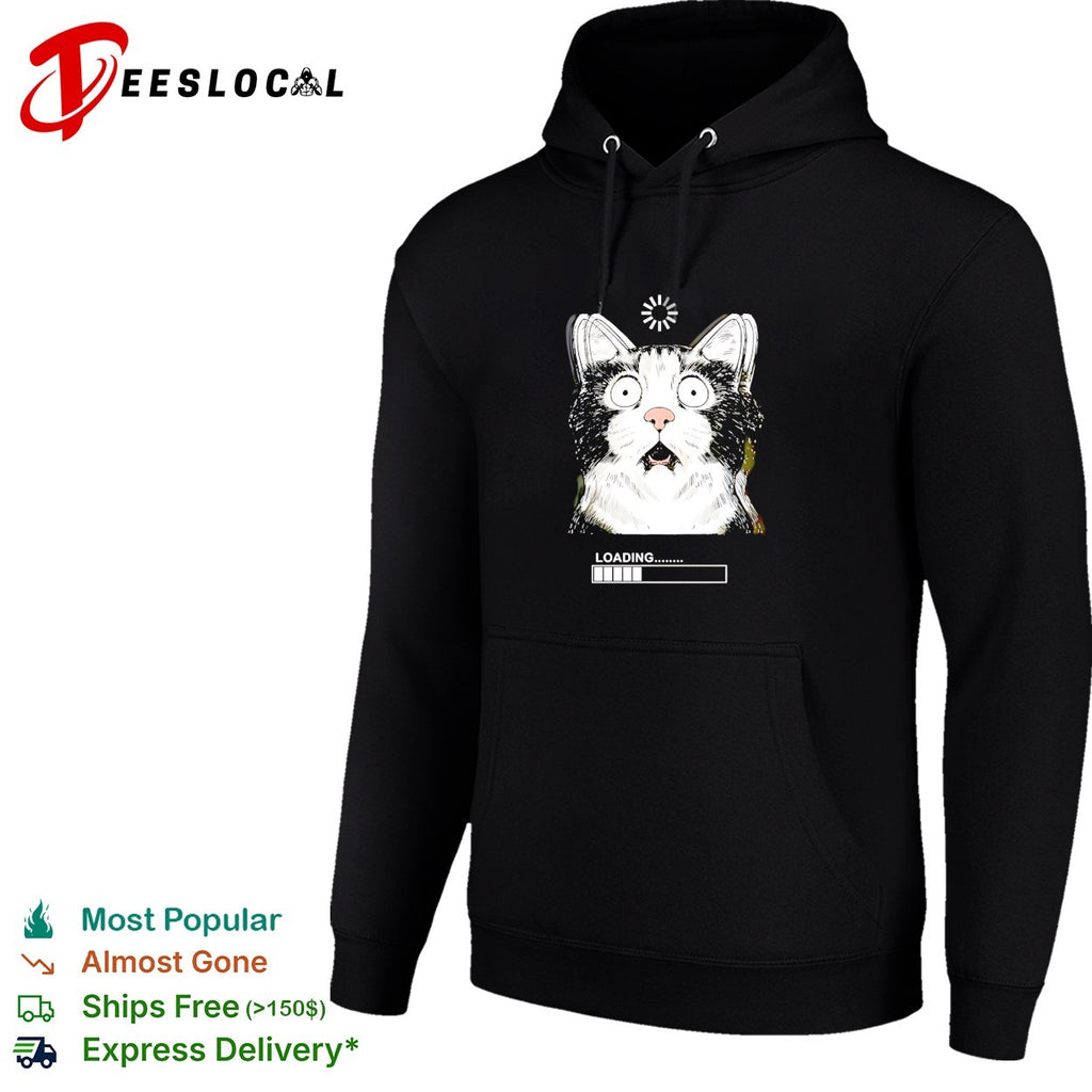 Startled tuxedo cat staring wide eyed beside loading progress bar meme shirt