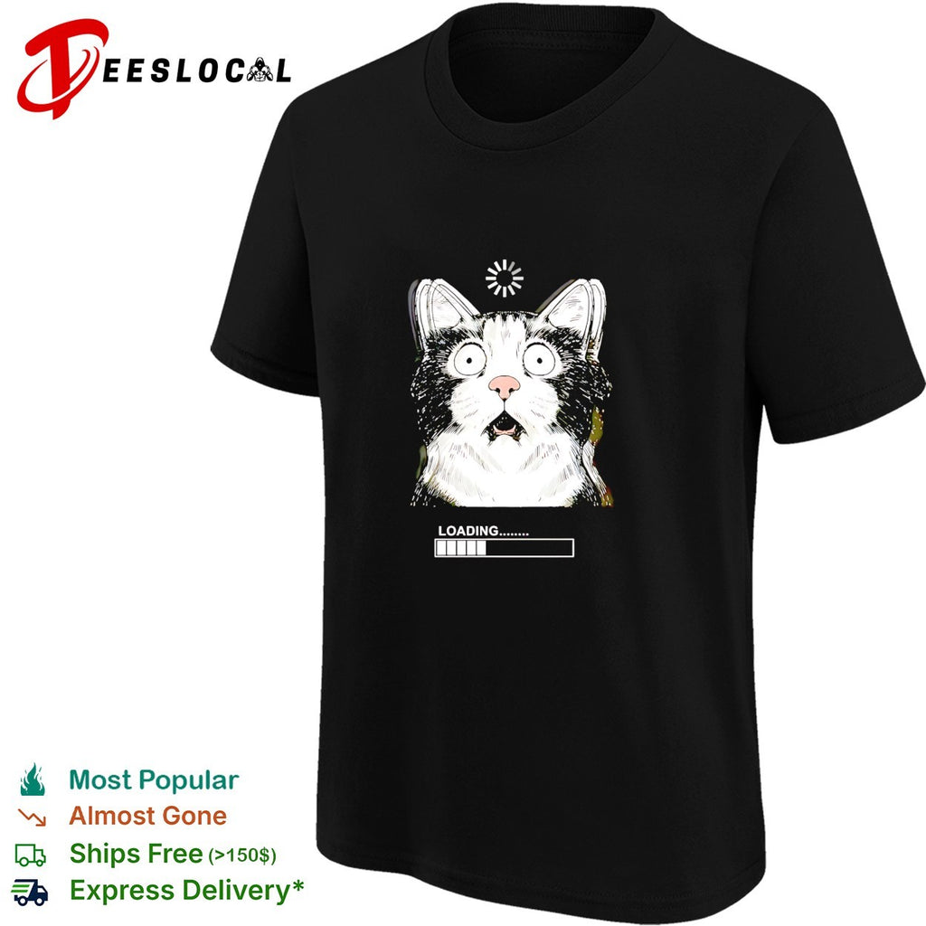 Startled tuxedo cat staring wide eyed beside loading progress bar meme shirt