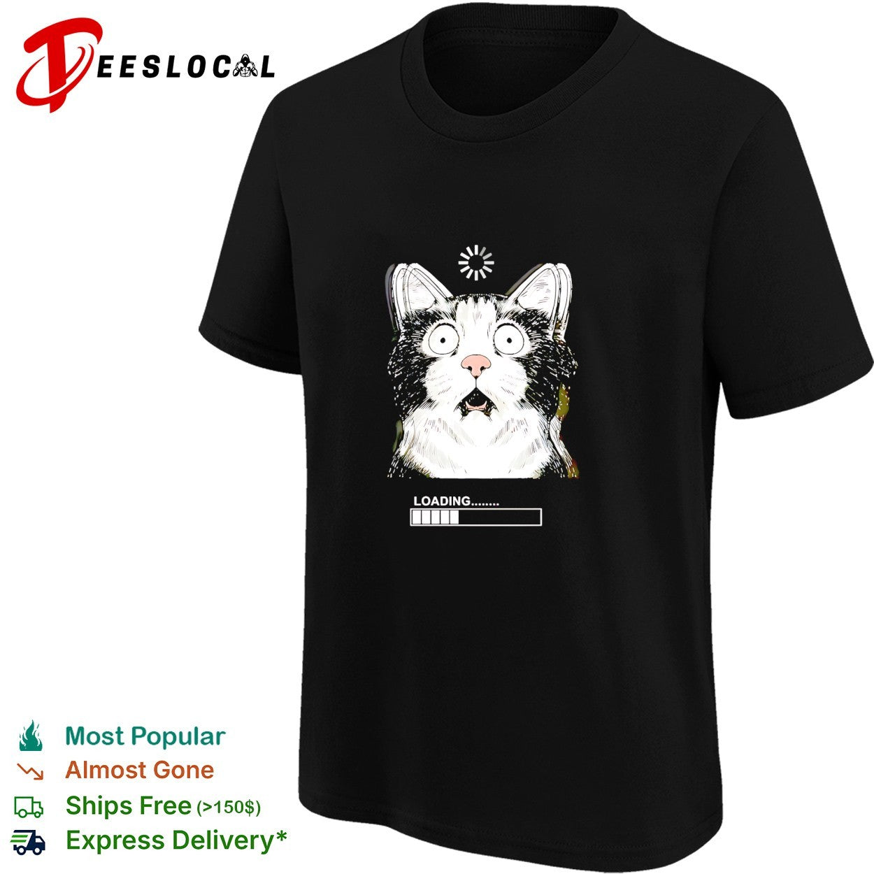 Startled tuxedo cat staring wide eyed beside loading progress bar meme shirt