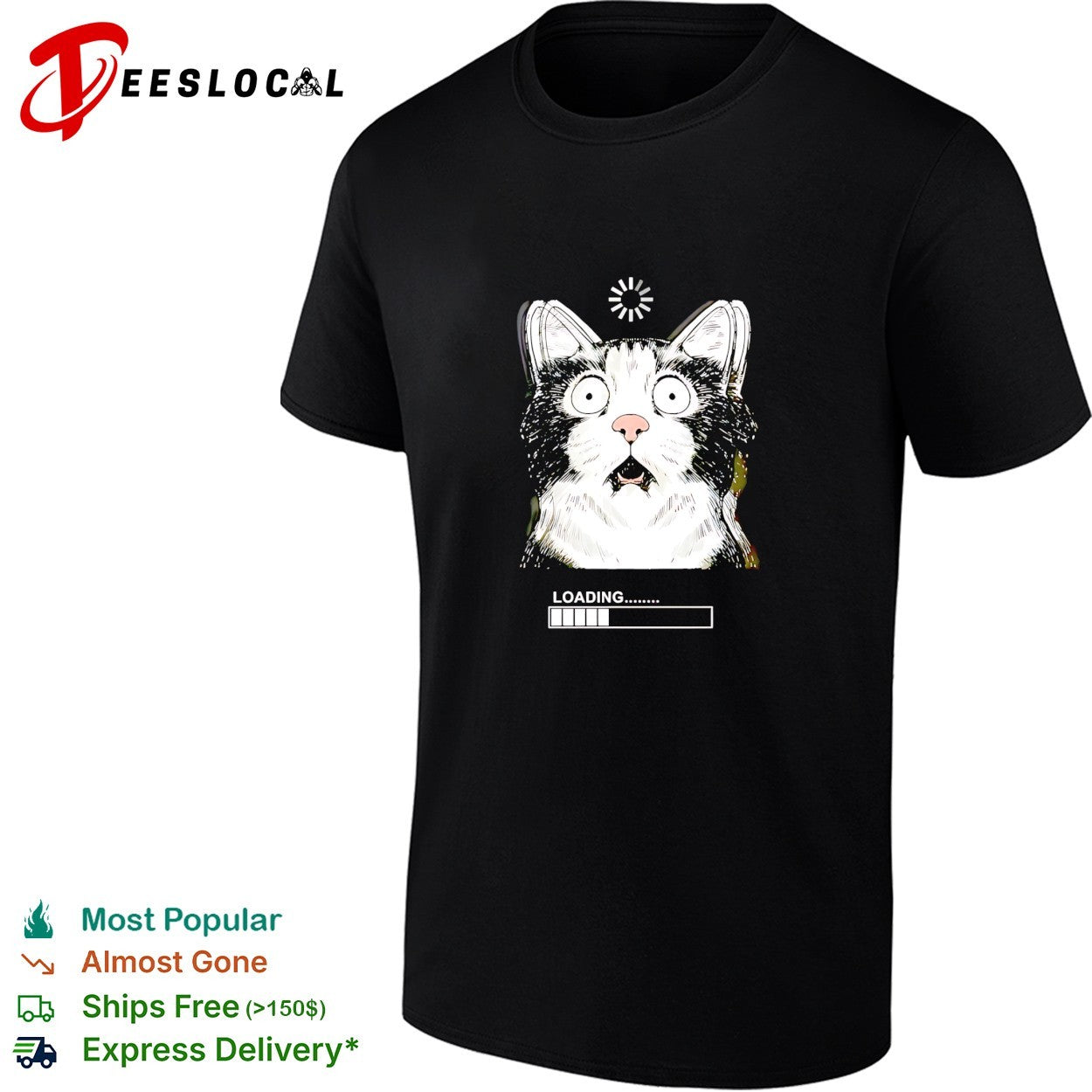 Startled tuxedo cat staring wide eyed beside loading progress bar meme shirt