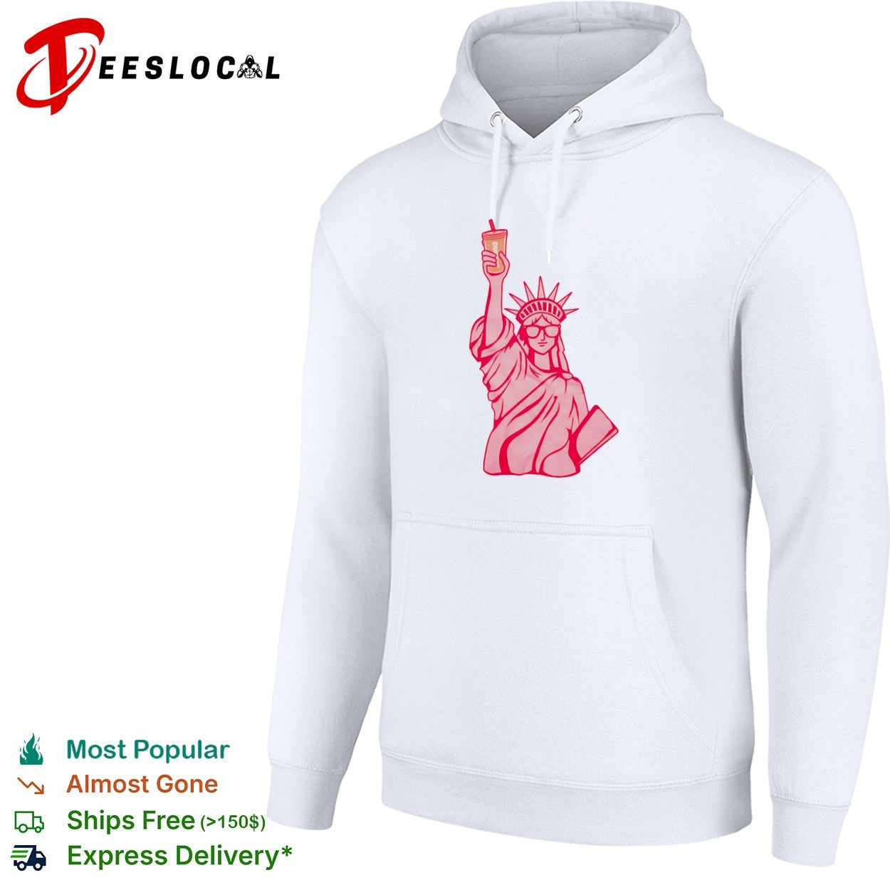Statue of Liberty wearing sunglasses holding iced drink shirt