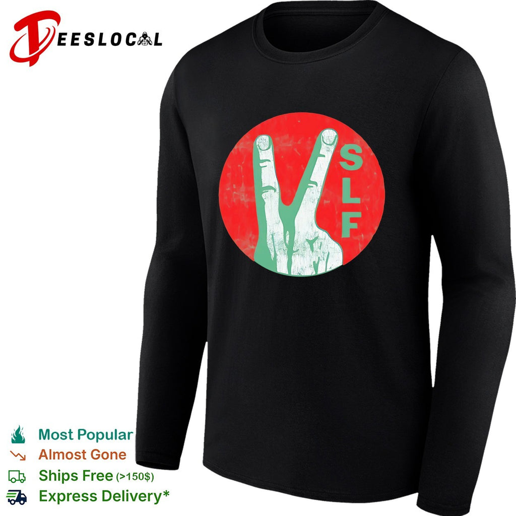Stiff Little Fingers SLF peace sign hand carved into circle emblem logo shirt