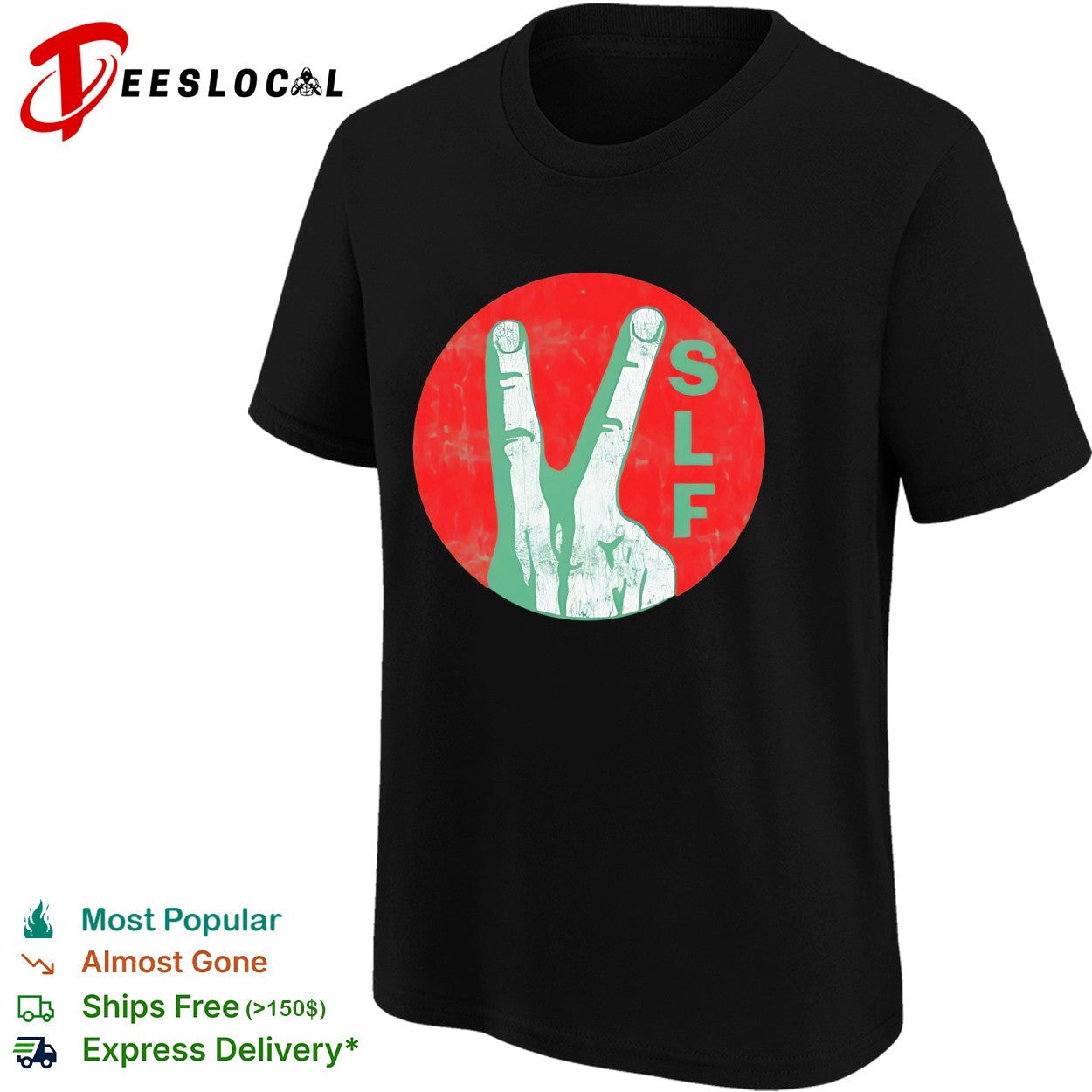 Stiff Little Fingers SLF peace sign hand carved into circle emblem logo shirt
