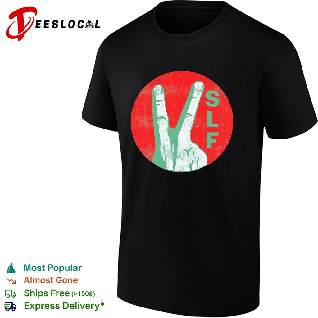Stiff Little Fingers SLF peace sign hand carved into circle emblem logo shirt