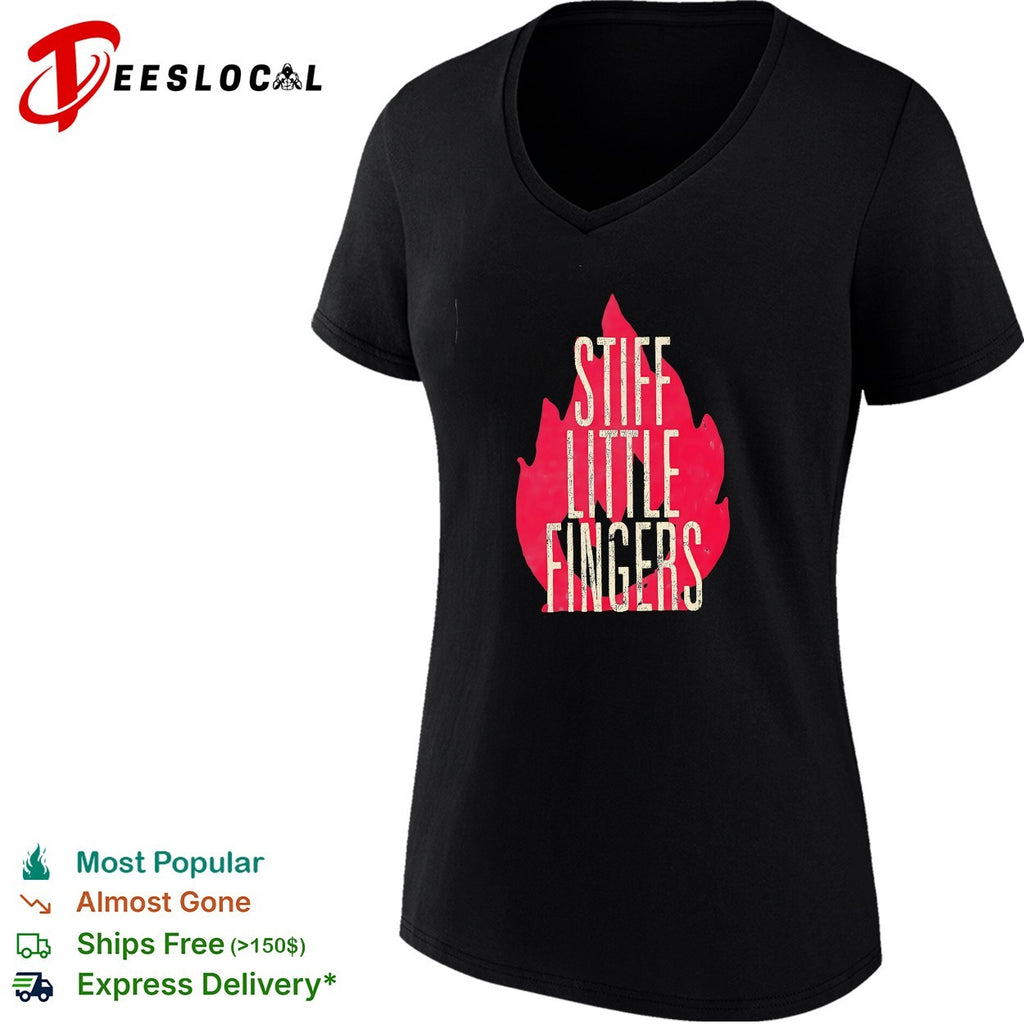 Stiff Little Fingers band name stacked above tall flame graphic backdrop shirt