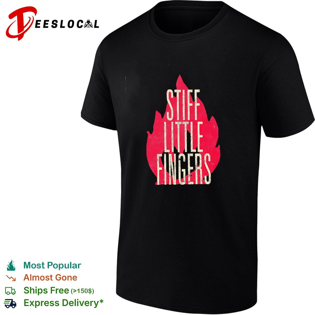 Stiff Little Fingers band name stacked above tall flame graphic backdrop shirt
